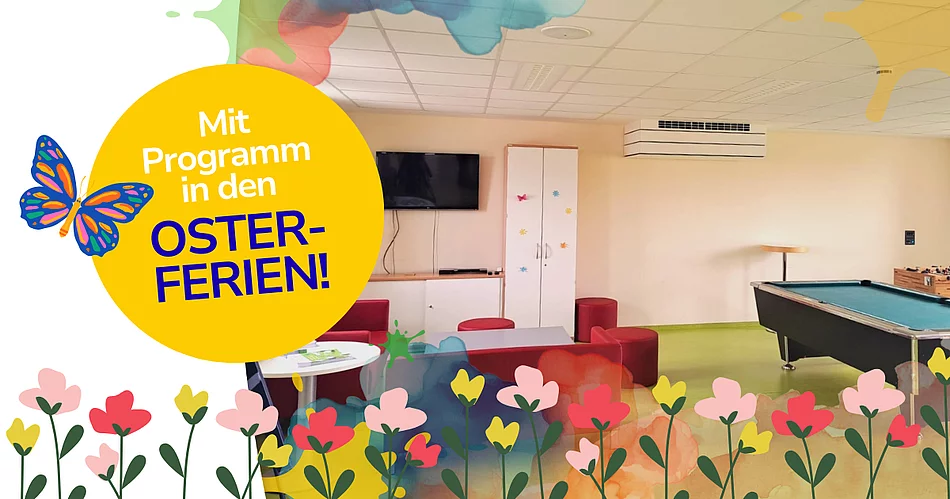 Eine bunte Grafik zeigt einen gemütlichen Jugendtreff-Raum mit Sitzgelegenheiten und Billardtisch und weist darauf hin, dass dort in den Osterferien ein besonderes Ferienprogramm stattfindet.