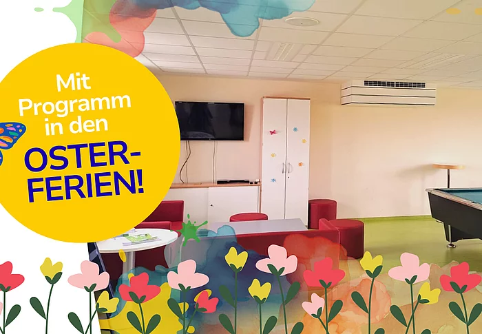 Eine bunte Grafik zeigt einen gemütlichen Jugendtreff-Raum mit Sitzgelegenheiten und Billardtisch und weist darauf hin, dass dort in den Osterferien ein besonderes Ferienprogramm stattfindet.