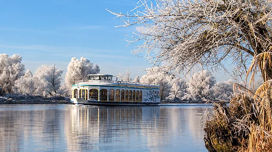 Winterliche Flusslandschaft mit einem Ausflugsschiff auf ruhigem Wasser. Am Ufer stehen mit Raureif bedeckte Bäume, rechts ragen vereiste Äste und Gräser ins Bild.