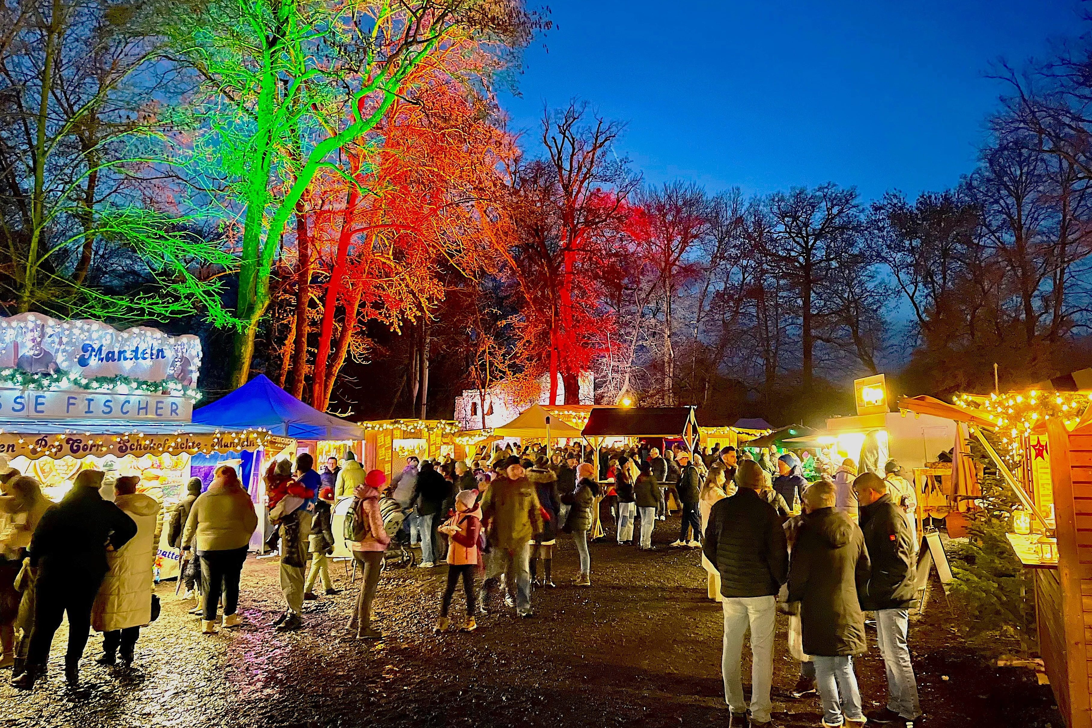 Das Bild zeigt einen lebhaften Weihnachtsmarkt am Abend, mit bunt beleuchteten Bäumen, festlich geschmückten Buden, vielen Besuchern und einer warmen, fröhlichen Atmosphäre.