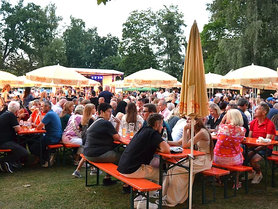 Ein gut gefüllter Festplatz vor der Bühne neben dem Springbrunnen.