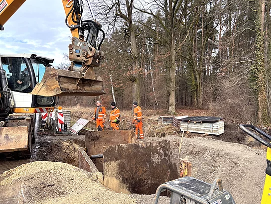 Auf einer Baustelle am Waldrand arbeitet ein Bagger an einem Graben, während mehrere Bauarbeiter in orangefarbener Schutzkleidung danebenstehen.