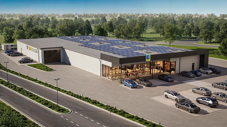 Visualisierung eines modernen EDEKA-Marktes mit großflächiger Photovoltaikanlage auf dem Dach, vorgelagertem Parkplatz, Cafébereich mit Glasfassade sowie einem separaten Getränkemarkt auf dem Gelände an der Regensburger Straße in Teublitz.