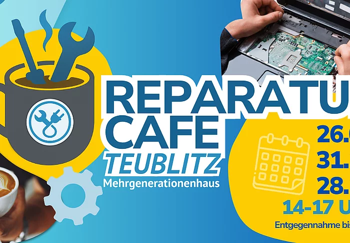 Grafik zum Reparatur-Café Teublitz mit Werkzeug-, Reparatur- und Kaffeemotiven sowie den drei Terminen 26. September, 31. Oktober und 28. November 2026, jeweils von 14 bis 17 Uhr und mit Gegenstandsannahme bis 16 Uhr.