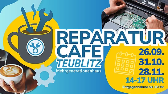 Grafik zum Reparatur-Café Teublitz mit Werkzeug-, Reparatur- und Kaffeemotiven sowie den drei Terminen 26. September, 31. Oktober und 28. November 2026, jeweils von 14 bis 17 Uhr und mit Gegenstandsannahme bis 16 Uhr.