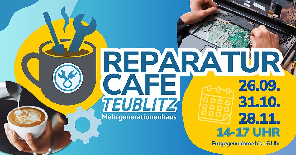 Grafik zum Reparatur-Café Teublitz mit Werkzeug-, Reparatur- und Kaffeemotiven sowie den drei Terminen 26. September, 31. Oktober und 28. November 2026, jeweils von 14 bis 17 Uhr und mit Gegenstandsannahme bis 16 Uhr.